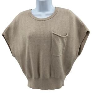 Marled Top Sz L Oatmeal Ribbed Knit Dolman Sleeve Chest Pocket Crewneck Stretch